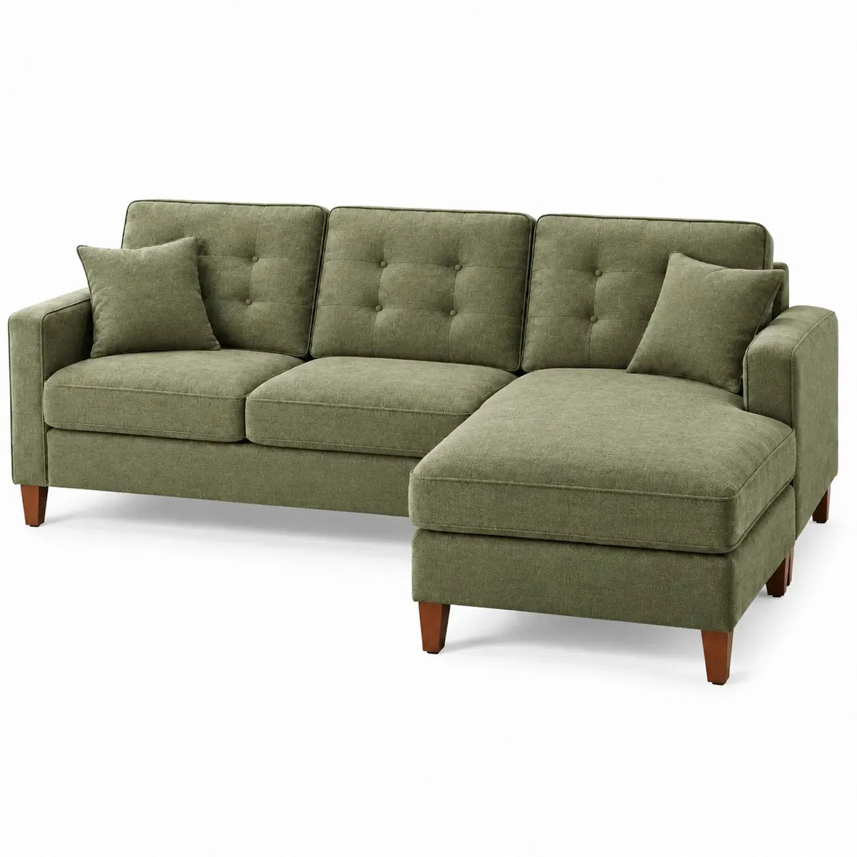 Sofá esquinero tapizado con botones decorativos, verde y marrón