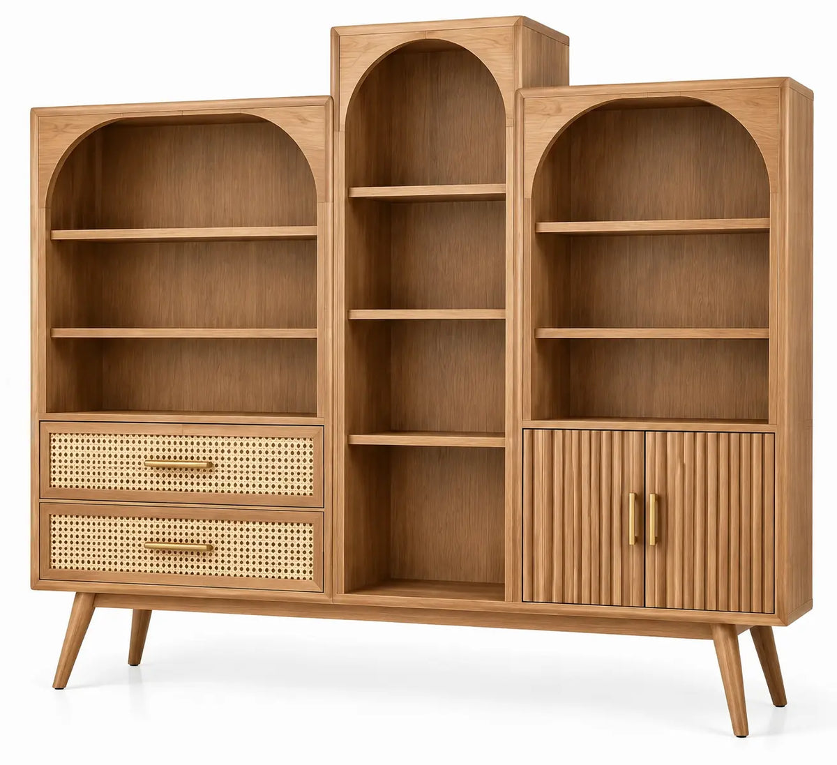 Estantería con almacenamiento con formas arqueadas y detalles de líneas verticales, marrón