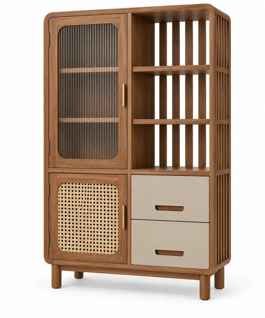 Estantería con almacenamiento con puertas acristaladas, marrón y blanco