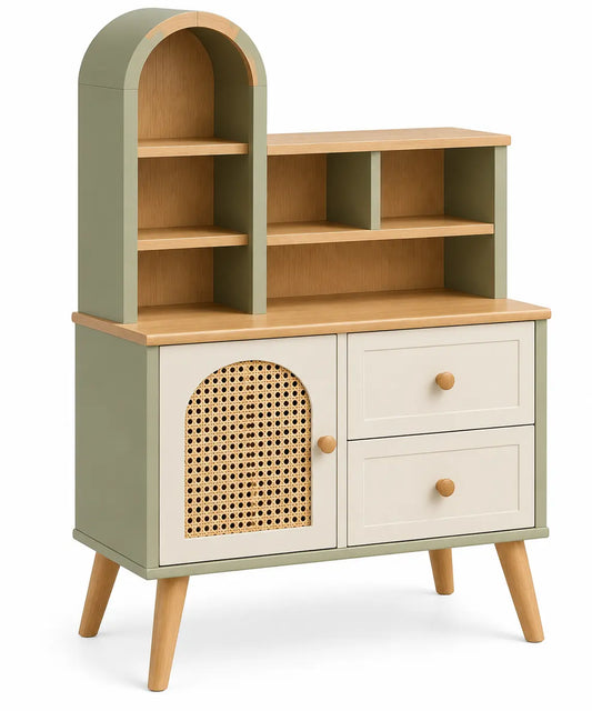 Estantería con almacenamiento con formas arqueadas y detalles de entramado, verde, marrón y blanco