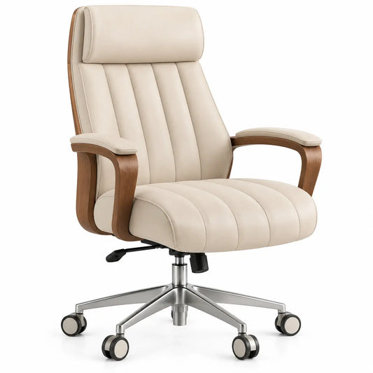 Silla de oficina con ruedas con respaldo alto, beige, marrón y plateado